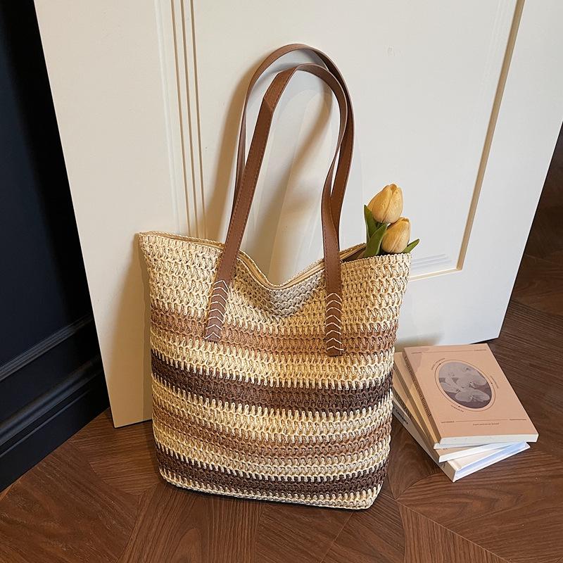 Bolsa de Palha Tecida com Listras Arco-Íris Feminina - 2026 Bolsa de Ombro de Grande Capacidade para Férias na Praia e Deslocamento