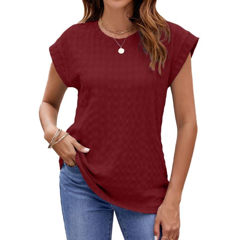 Spring Summer Solid Color Jacquard Solid Color Round Neck Short Sleeved T-shirt Top for Women Shirt