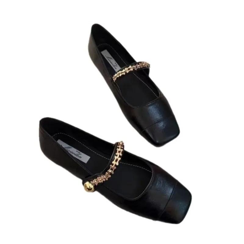 Fashion Brown Square Toe Single Shoes for Women New Spring Autumn French Flat Leather Shoes Mary Jane Women's Shoes Heels