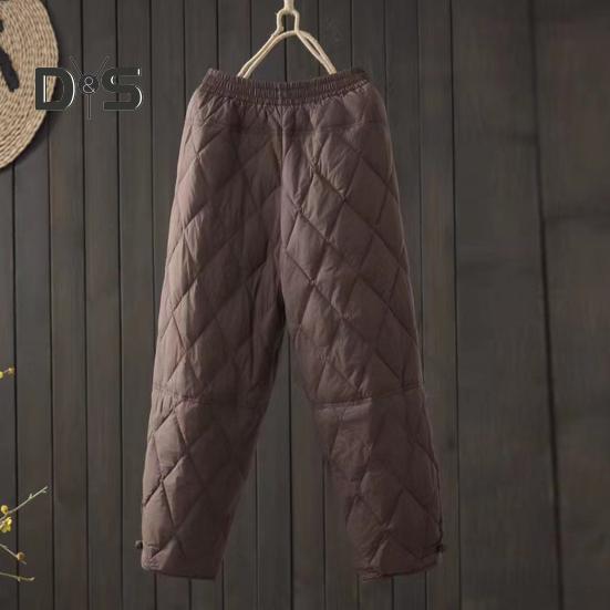 Damskie spodnie zimowe W pasie Wyściełane grube, jednokolorowe Luźne, miękkie, ciepłe kieszenie Rombowa tekstura Retro Casual Do kostek Damskie spodnie jesienne