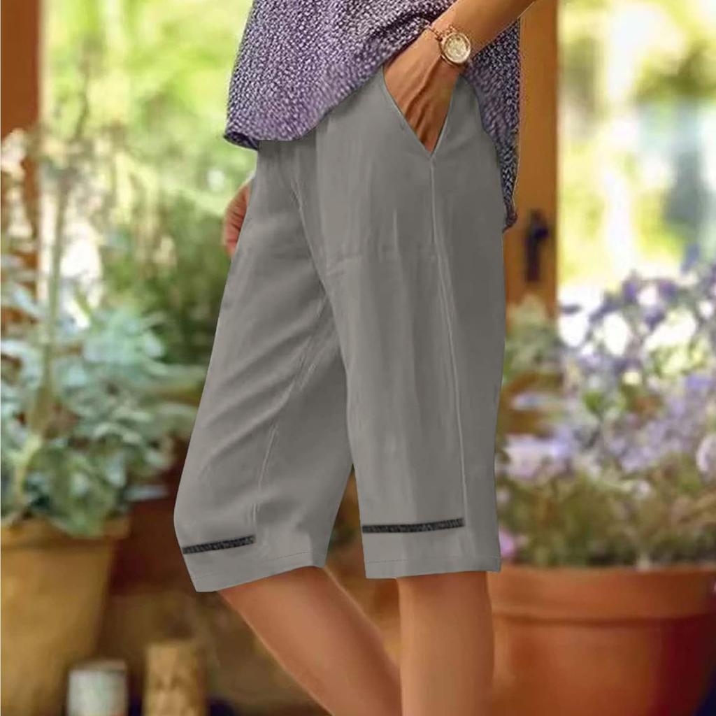 Women's Casual Loose Pocket Cotton Linen Elastomer Casual Pants Knee-length Pants