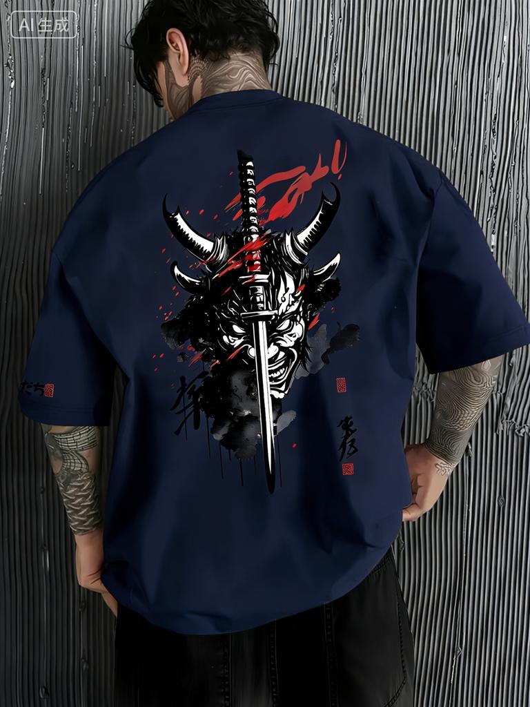 Summer Unisexs Samurai Pattern Printed Tshirt Youthful Fashion 100 Pure Cotton Breathable Roundneck Japanese Trendy Style