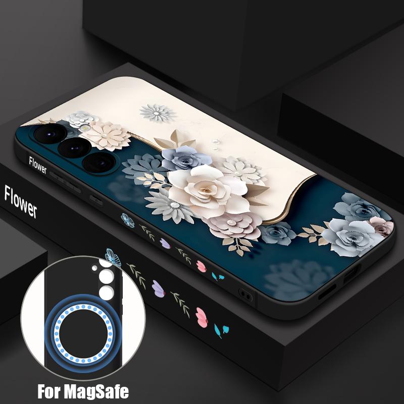 

Romantic Rose Flower Pattern Case For Samsung Galaxy S26 S25 Ultra S24 S23 FE S22 Plus S21 Built-in Metal Plate Magnetic Silicone Cover Samsung S26