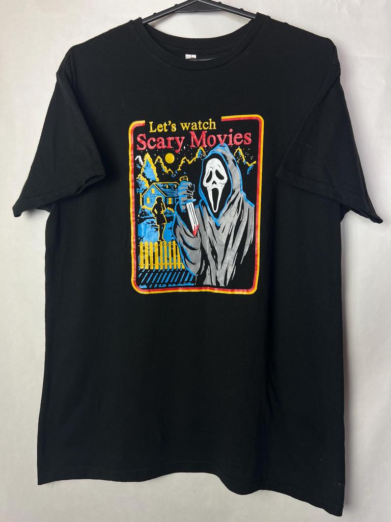 Vintage Horror Movie T-Shirt"Let's watch horror movies" | Ghost Face Scary Movies Tee | Retro Halloween Graphic Shirt | Spooky Horror Gift