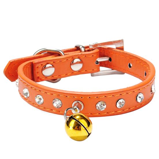 Adjustable Pet Dog Crystal Rhinestone Bell Collar Soft Faux Leather Neck Strap