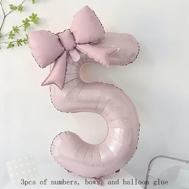 Complete Party Decor Set 3pcs - Light Pink Number Balloon, Bow & Stickers for Birthday, Anniversary & Festival Backdrop