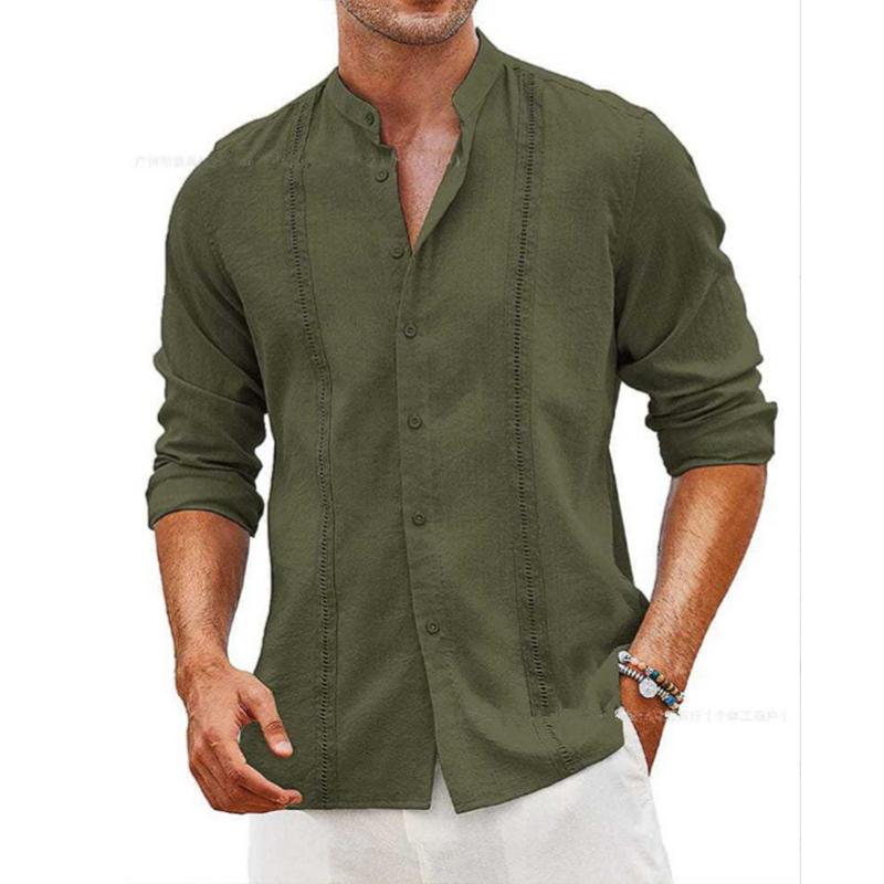 Herrkläder Casual Långärmade Enfärgade Skjortor Toppar Vår Sommar Mode Stand Collar Lösa Linne-T-shirts Kofta Herr Streetwear