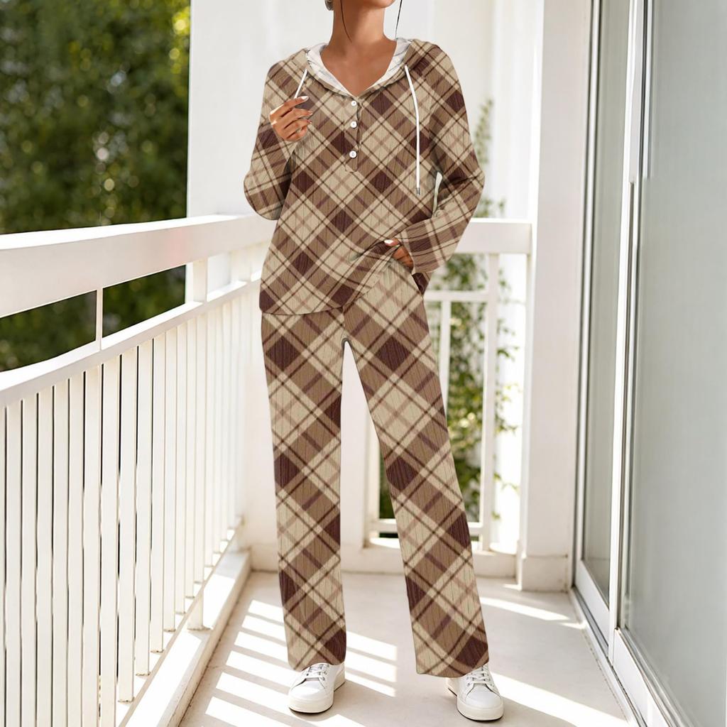 Women's V-Neck Printed Long Sleeve Hoodie Loungewear Set with Pockets - Loose Fit 2 Piece Casual Sleepwear Pajama Set for Home
