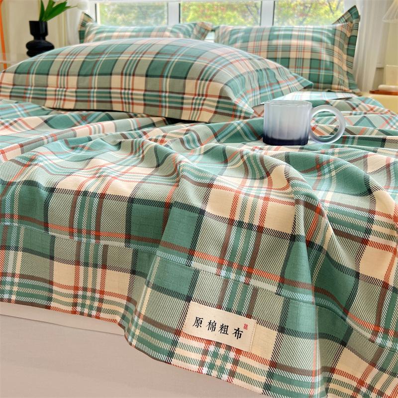 Green Check Raw Cotton Bed Sheets For Double Bed All Seasons Bed Cover Full Set Queen/King Size Flat Top Sheets No Pillowcase