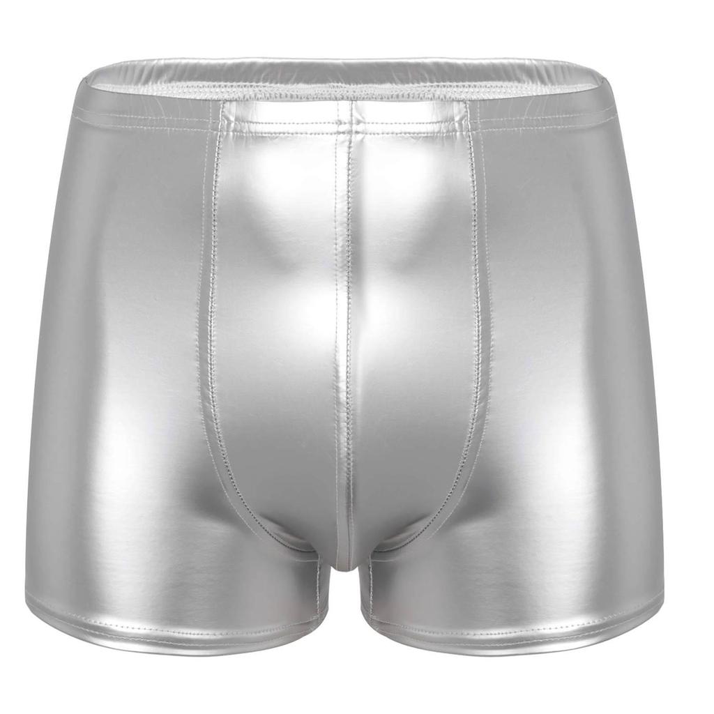 Mens Patent Leather Boxer Briefs Wet Look Shorts Elastic Waistband Bulge Pouch Design Clubwear