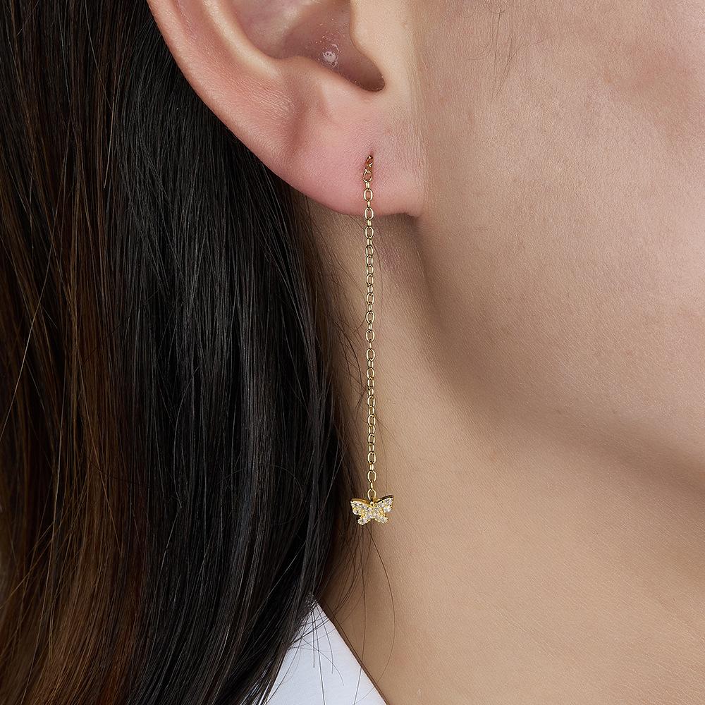 Dropshipping 925 Sterling Silver Butterfly Shaped Long Tassel Chain Small Zircon Stud Earring Jewelry for Women