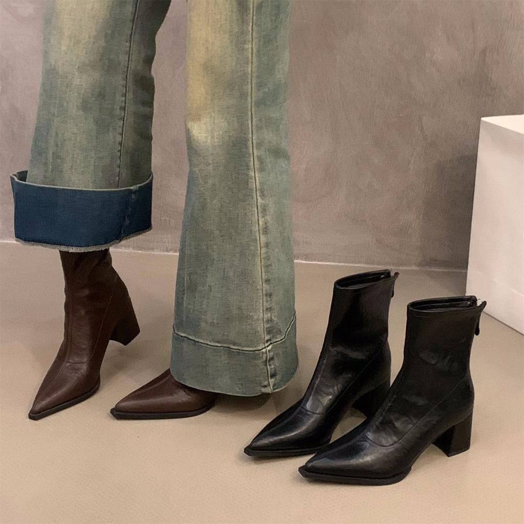 High Heel Coarse Heel Pointed Small Ankle Boots Women's Season Brown Fleece Martin Boots Skinny Short Boots