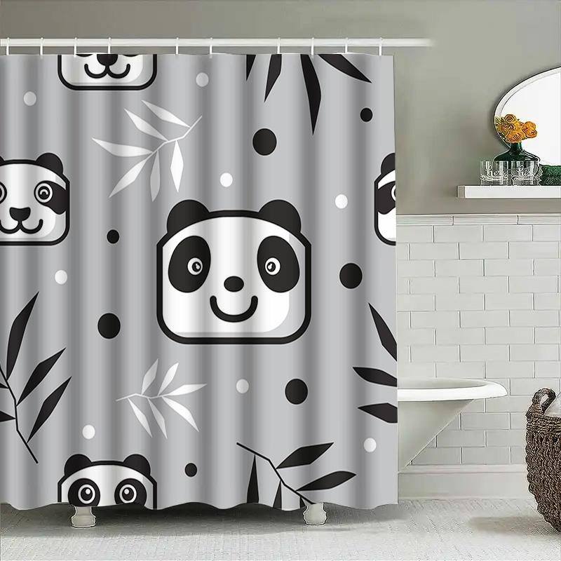 Adorable Panda Pattern Shower Curtain Bathroom Decor Black White Design Fabric Waterproof Bath Rug Tapes Size 180X240Cm For Home