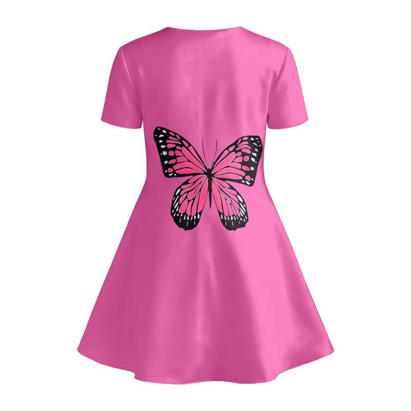Little Girls Cute Bright Butterfly Cherry Leopard Bow Print Round Neck Short Sleeve A-Line Kids Summer Swing Dress