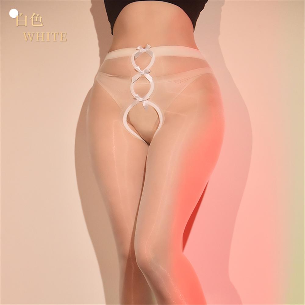 Sexy Women 3D Thin Oil Shiny Glossy Pantyhose Bow Hollow Out Tights Exotic Open Crotch Allure Vintage Maid Pantyhose Shaper