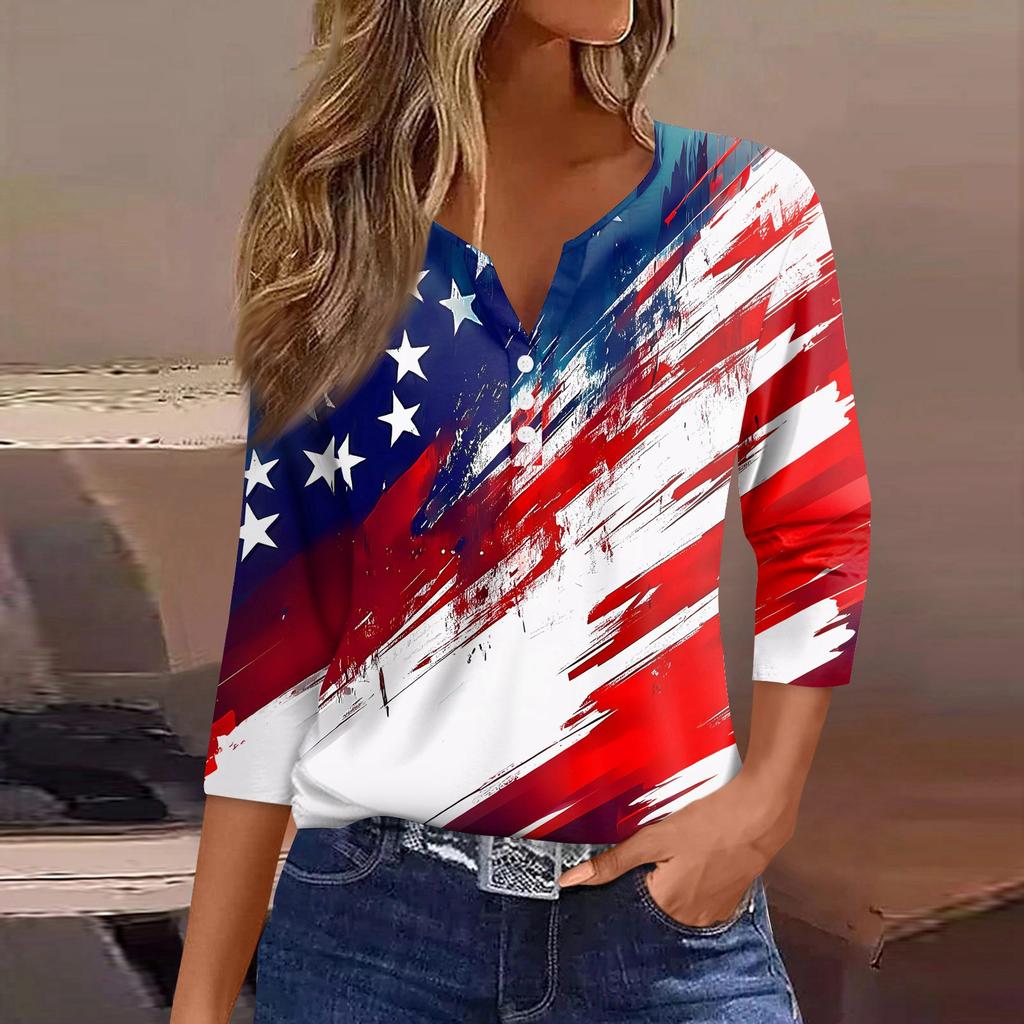 Damska Koszulka Dzień Niepodległości Nadruk Guziki Rękaw 3/4 Codzienna Weekendowa Modna Podstawa Dekolt V Regularny Top