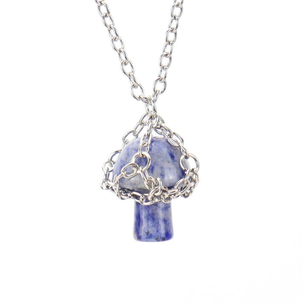 Handmade Silver Mesh Pocket Crystal Tiger Stone Agate Small Mushroom Pendant Necklace Jewelry N697