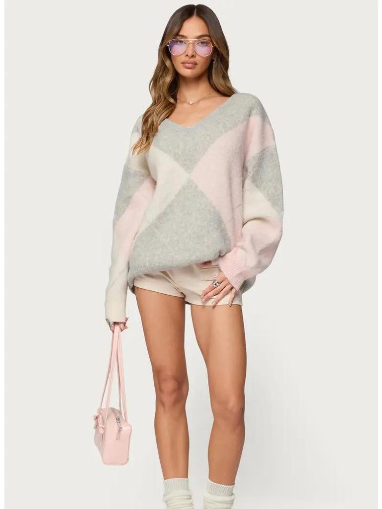 European & American 2026 Autumn/Winter Women's Academy Style Color Block V-neck Knit Sweater