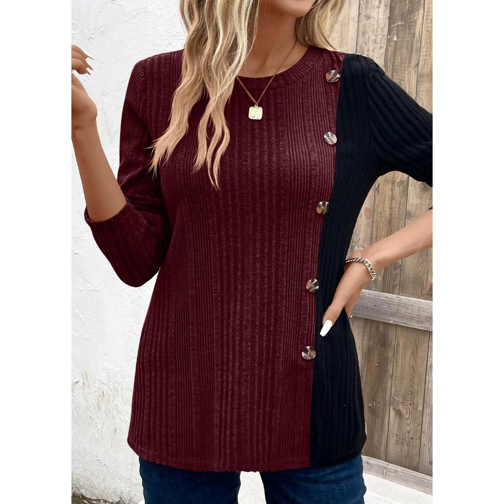 Neues Damen Colorblock Knöpfbares Gespaltenes Langes Lässiges Oberteil, Freizeit