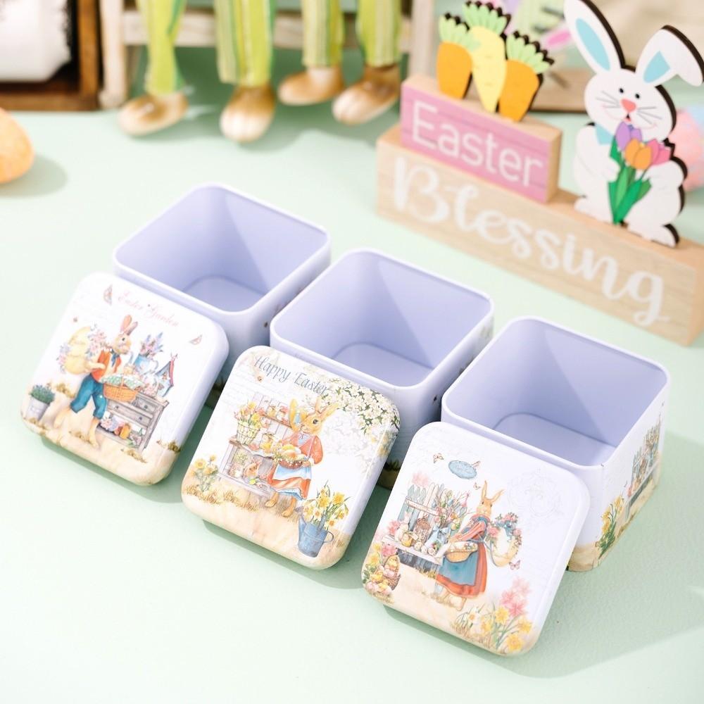 Square Shape Easter Party Decor Iron Material Easter Egg Box Rabbit Tin Storage Box  Candy Storage