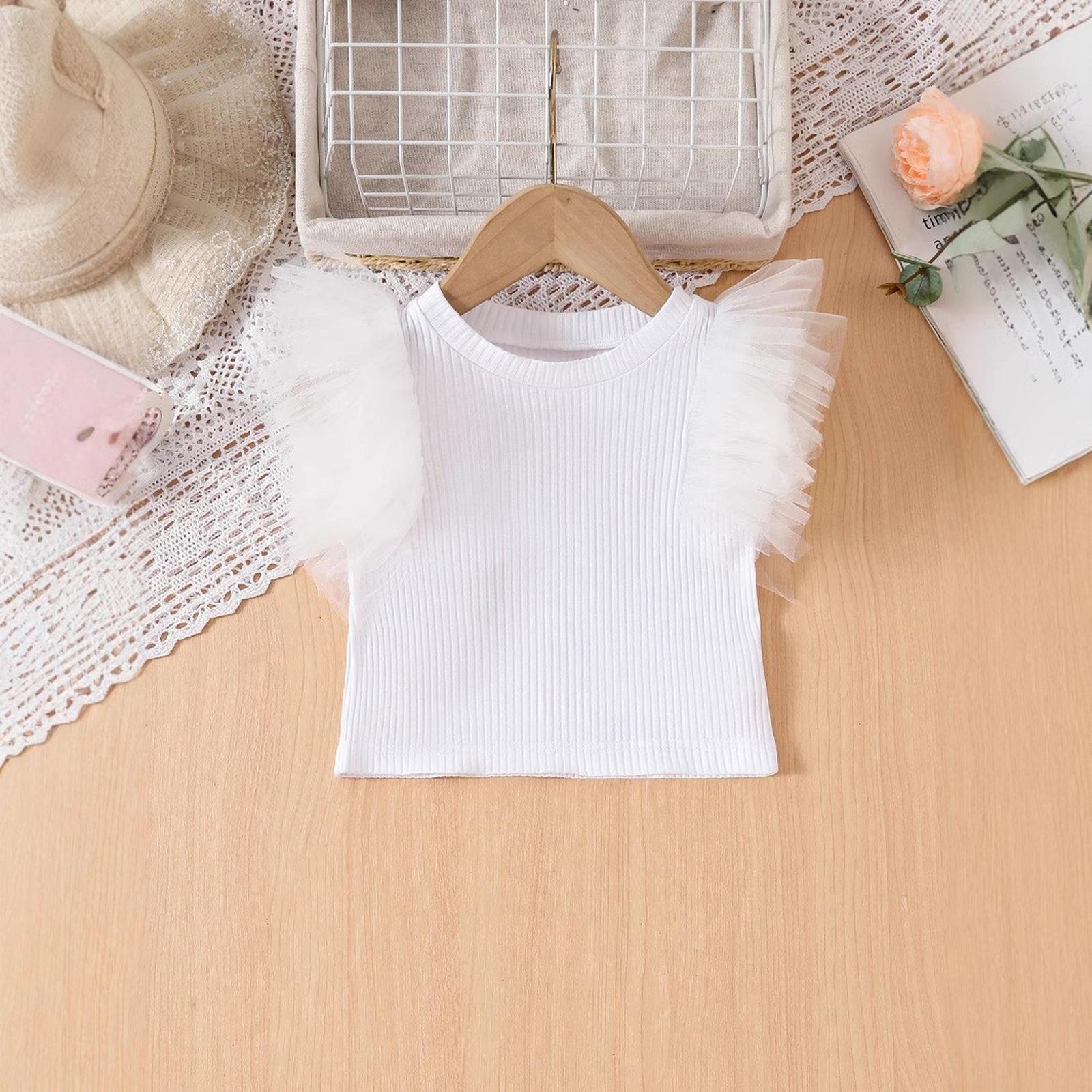 

Сладкий топ для девочек с сетчатыми рукавами и оборкой на круглом вырезе 130