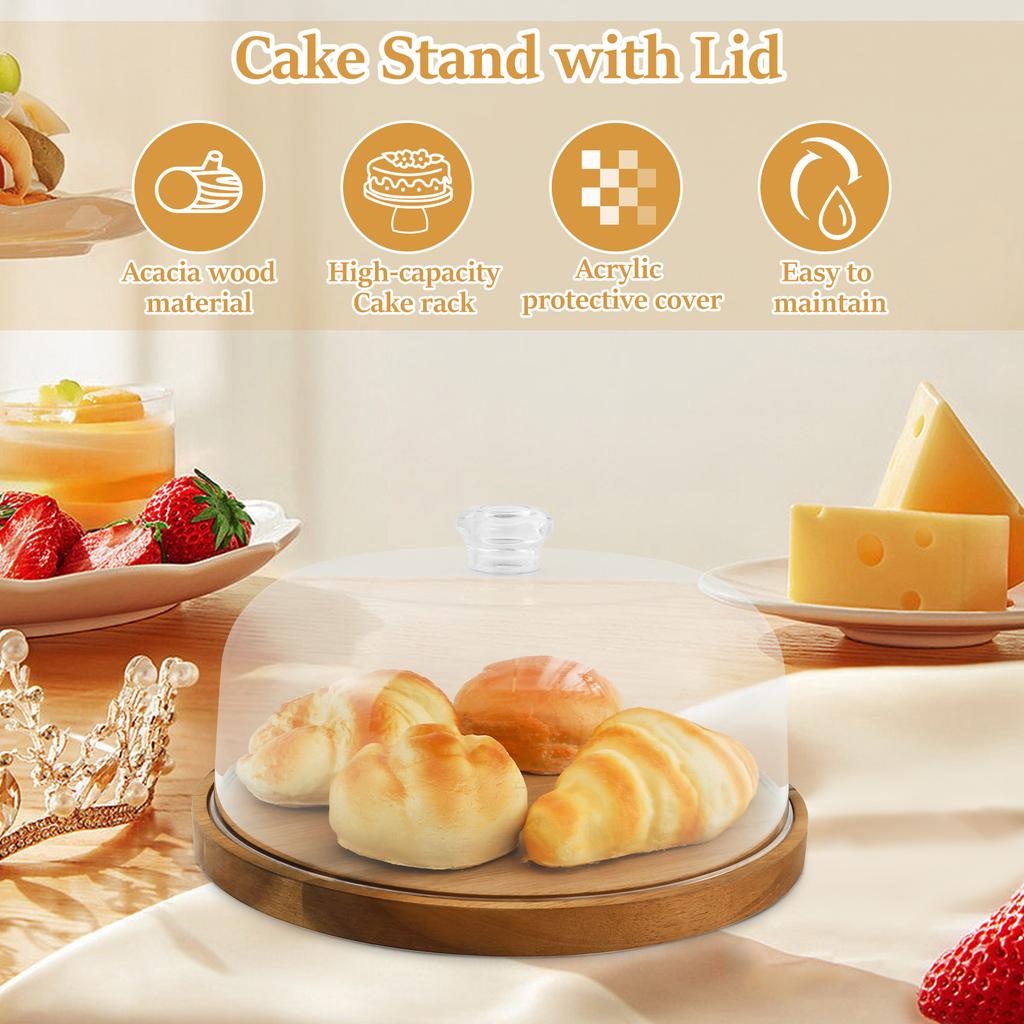 Wooden Cake Stand Round Wood Cake Plate with Acrylic Lids Decorative Cake Holder Multi-functional Dessert Platter for Birthdays