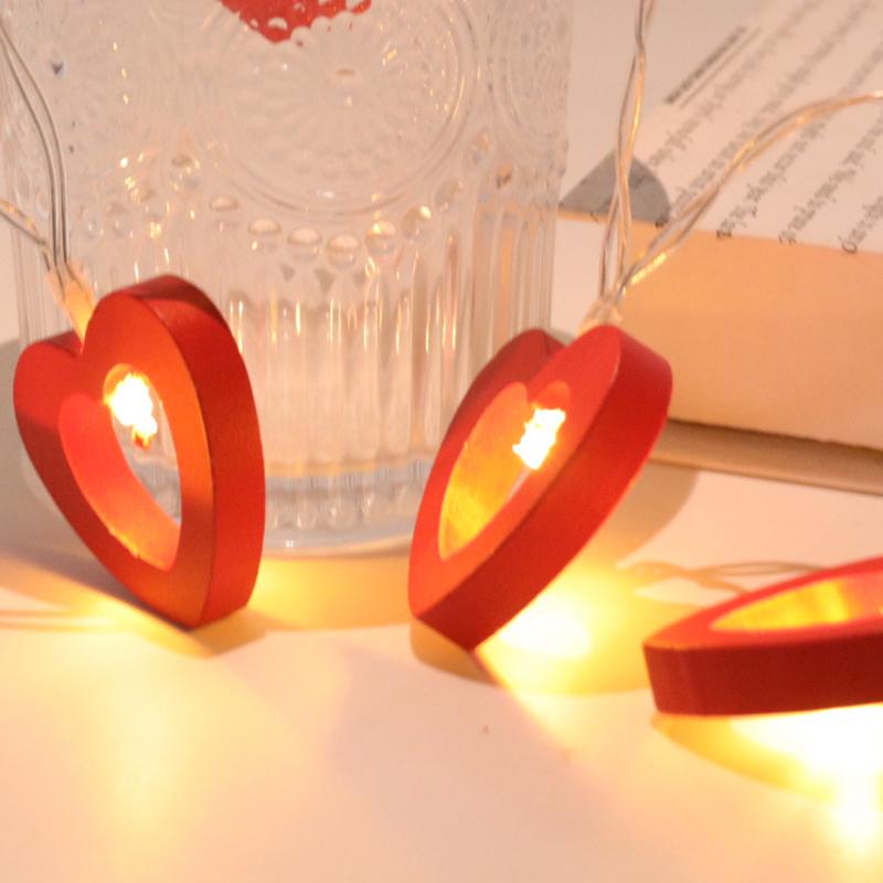 10pcs Valentine's Day Wooden Heart String Lights Fairy Light Hanging Lamp Valentines Wedding Birthday Party Room Decoration