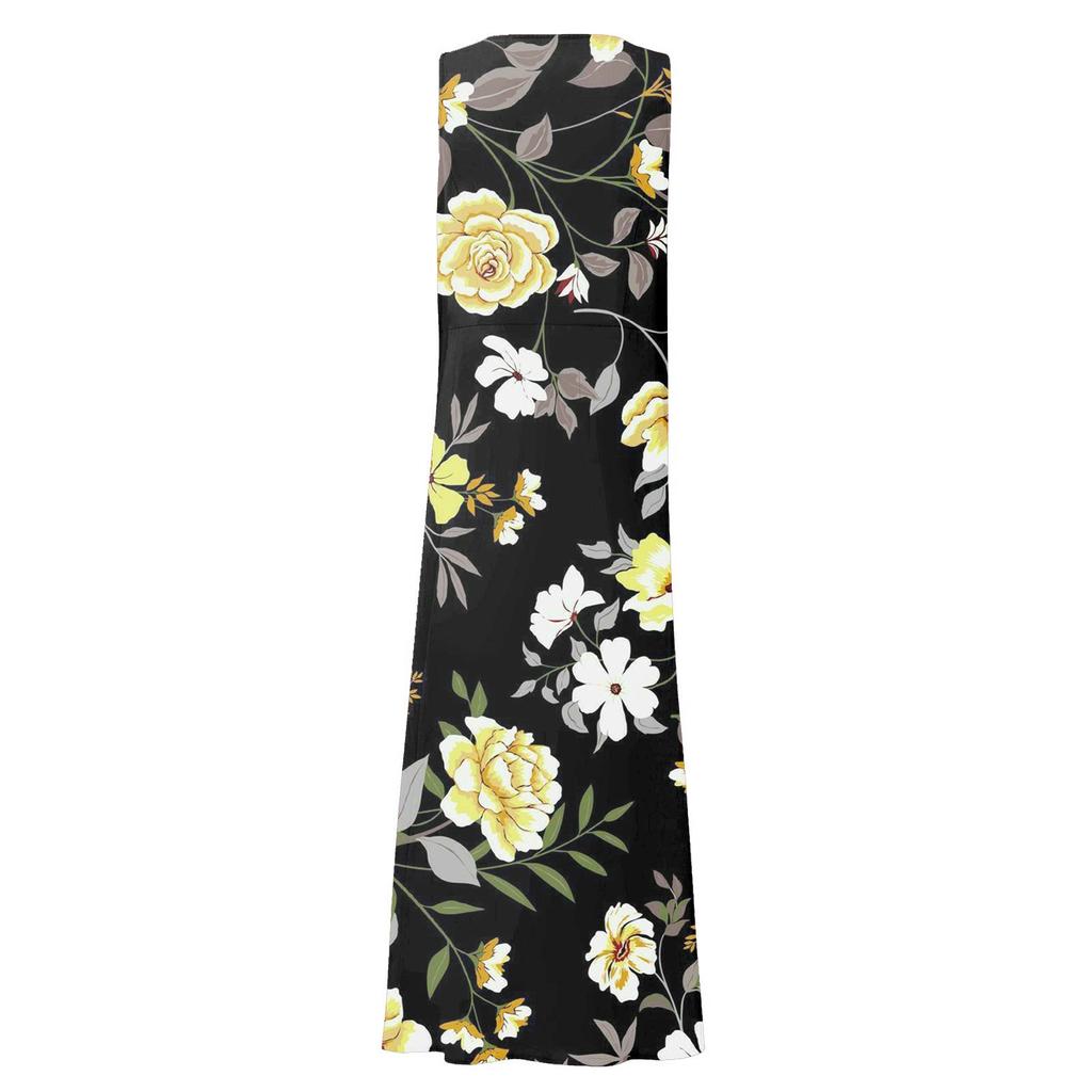 Women's Summer Casual Fashion Flower Printed Sleeveless Round Neck Pocket Dress