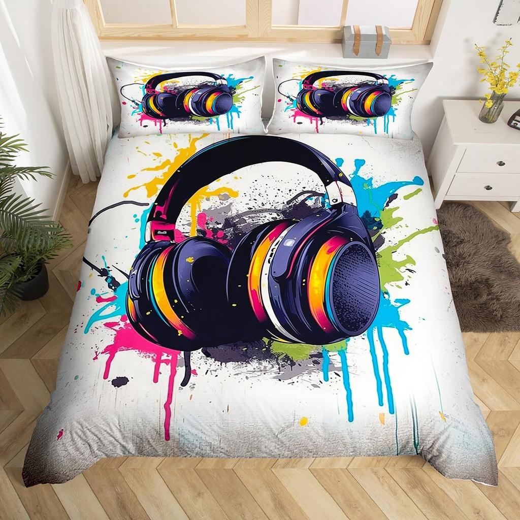 Headphones Duvet Cover Set for Kids Teens Queen Lightweight Down Quilt Covers Bedroom Decor 2 Pillowcases 1 Duvet Cover No Quilt