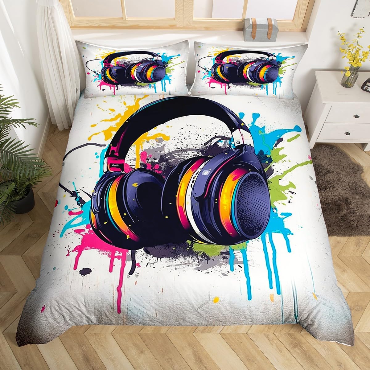 

Headphones Duvet Cover Set for Kids Teens Queen Lightweight Down Quilt Covers Bedroom Decor 2 Pillowcases 1 Duvet Cover No Quilt (135x200cm)