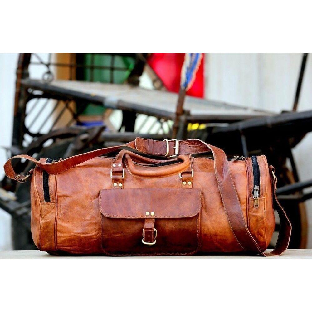 

Мужская новая дорожная сумка из натуральной кожи, спортивная сумка через плечо, винтажная сумка выходного дня 24 x 9 x 9 in коричневый