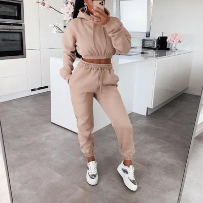 Women's Two-piece Casual Sportswear Set with Crop Tops and Pants, Hooded Sweatshirt Set