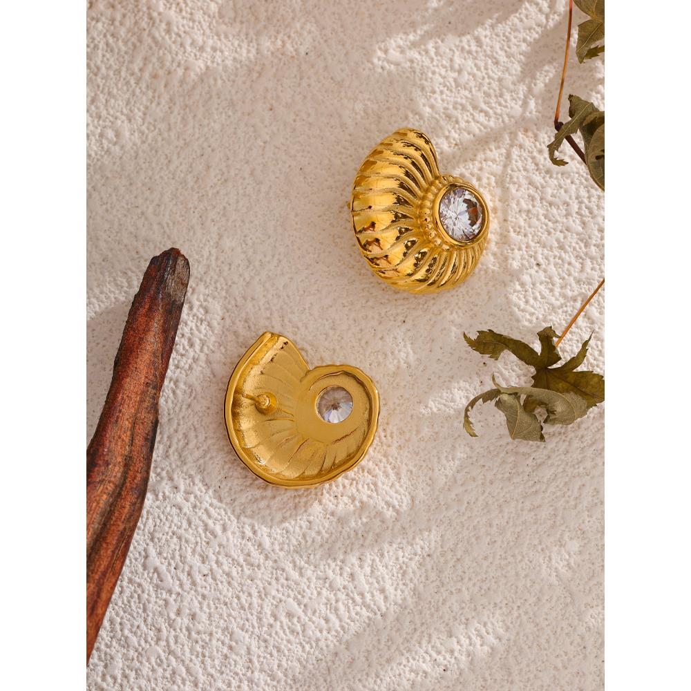 Yhpup Summer Metal Striped Shell Cubic Zirconia Stud Earrings 18K Gold Color Plated Stainless Steel High Quality Daily Jewelry