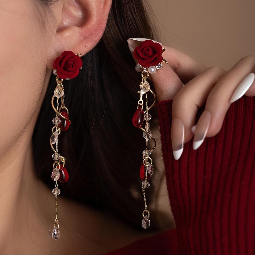 2024 Burgunderrote Ohrringe mit Schleife: Silbernadel, eleganter chinesischer Stil für Neujahr und Frühlingsfest