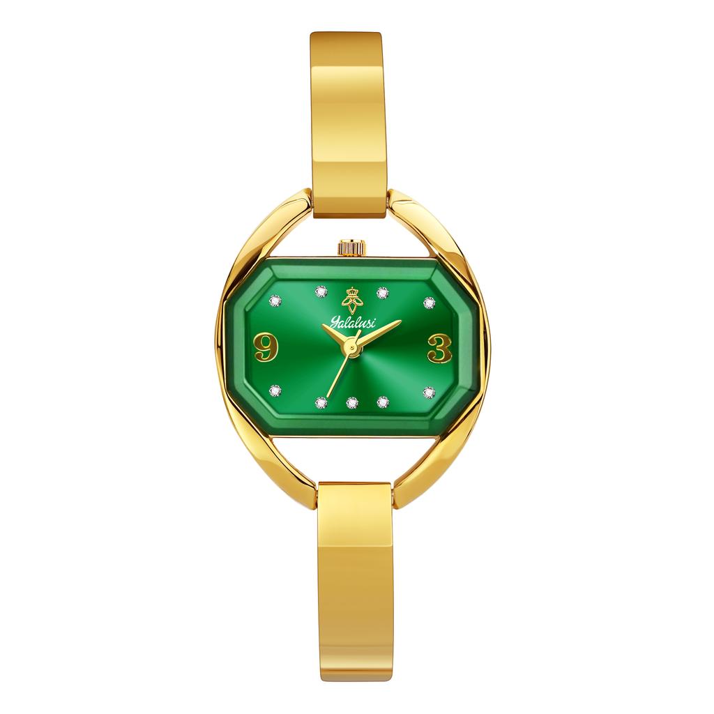 YaLaLuSi Elegant Gold Bangle Ladies Watch Green Dial Tiny Crystal Index Quartz Wristwatch Vintage Watch Premium Gift Box