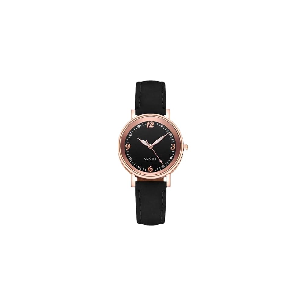 Ladies Leather Watch Gold Round Watch with Rhinestone Decoration, Easy-to-Read Dial, Leather Strap