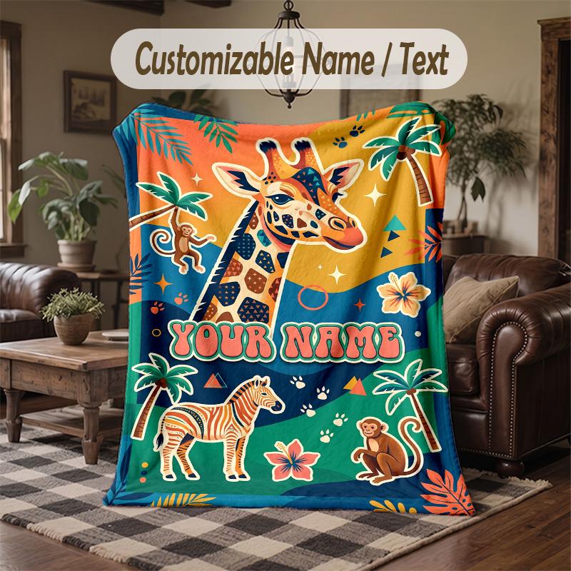 Giraffe Art Deco Poster Theme Throw Blanket Custom Name Text Personalized Blanket Soft Cozy Blanket for Home Sofa Bed