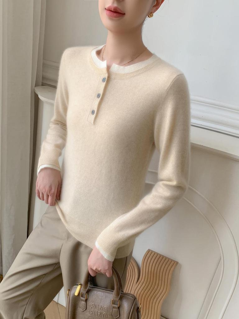 Women's Color Block Cashmere Sweater - Round Neck, Buttoned, Loose Fit, Long Sleeve, Autumn/Winter Collection