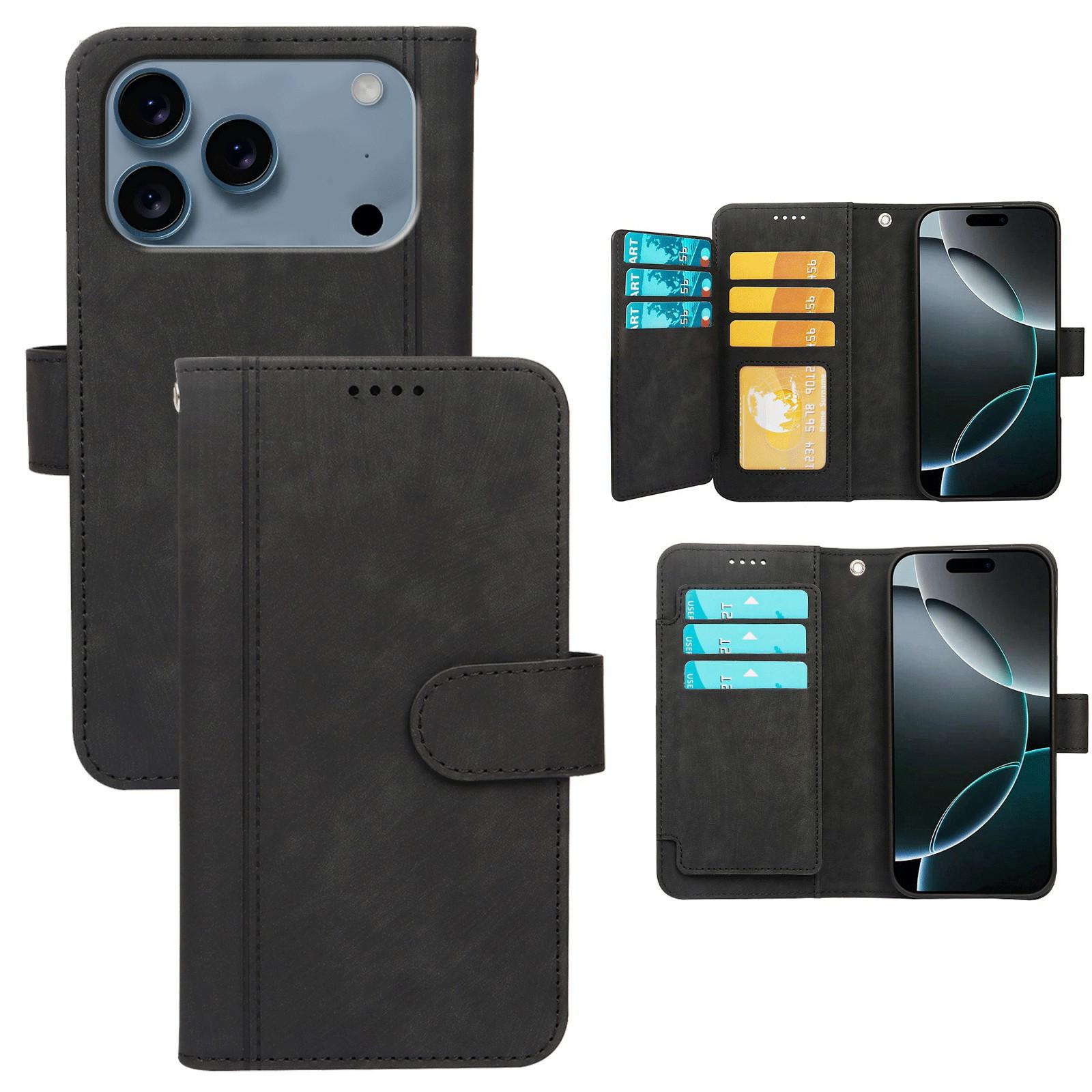 

For iPhone 17 Pro Max Leather Case Line Pattern Wallet Phone Cover with 9 Card Slots Black