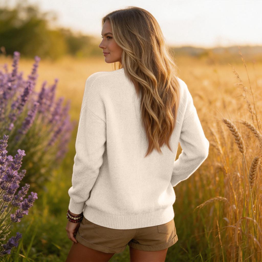 Women's Color V-Neck Long Sleeve Knit Top, Lightweight Casual Stretch Sweater for Spring Fall, Fashion Everyday Wear Top