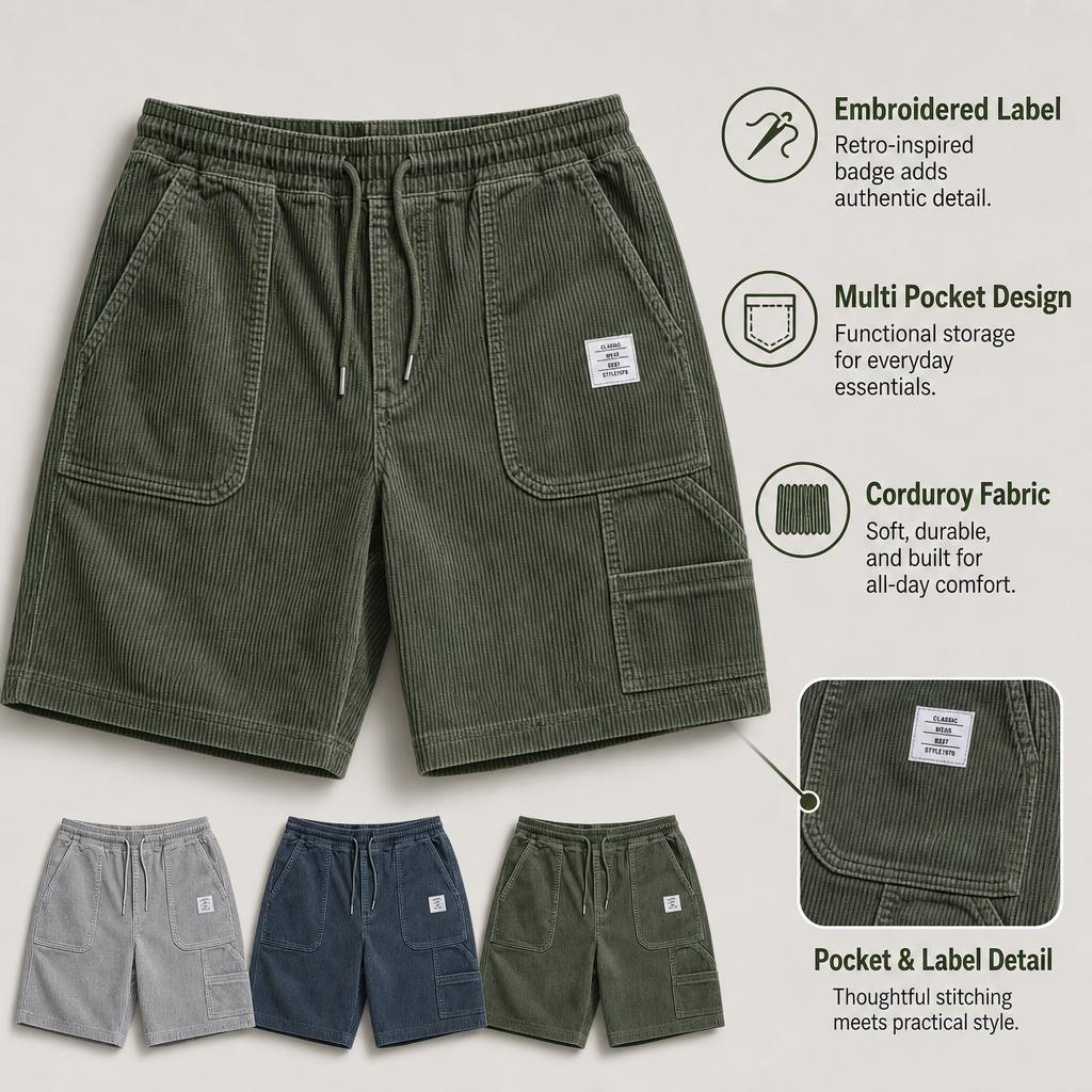 Herren Vintage Cord Cargoshorts, Modische Mehrzwecktaschen Gesticktes Etikett Lässige Kurzhosen
