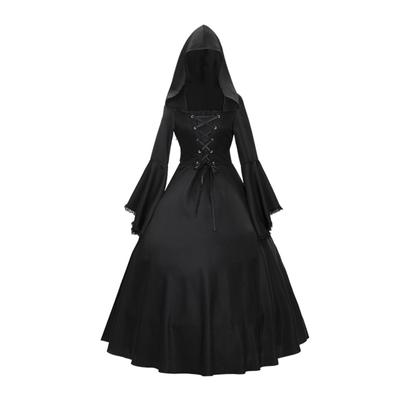 LYRIA Gothic Medieval Dresses Retro Fashion Big Swing Long Sleeve Lace Up Hooded Dress Lace Flare Sleeve Dress Halloween Costumes