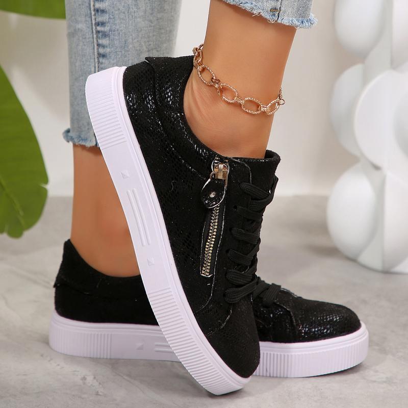 Fashion Fashion Leopard Lace Up Skate Shoes Women 2025 Summer Punk Metal Zip Decoration Round Toe Low Heel Casual Shoes Non Slip Sneaker
