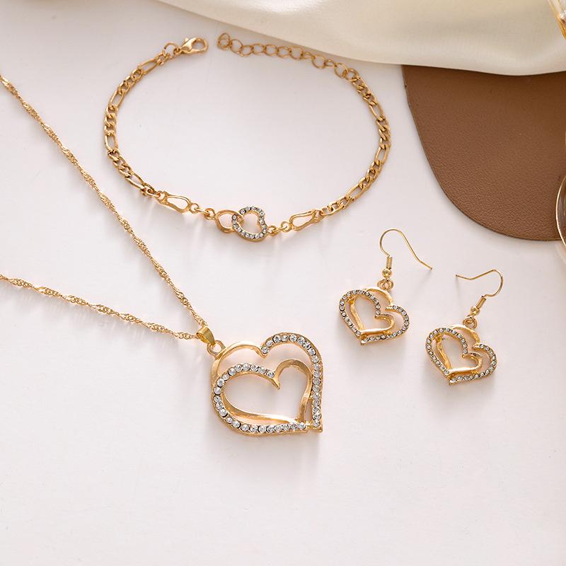 Sparkling  Double-Layer Hollow Heart-Shaped Pendant Necklace Women'S Temperament Versatile Jewelry Set