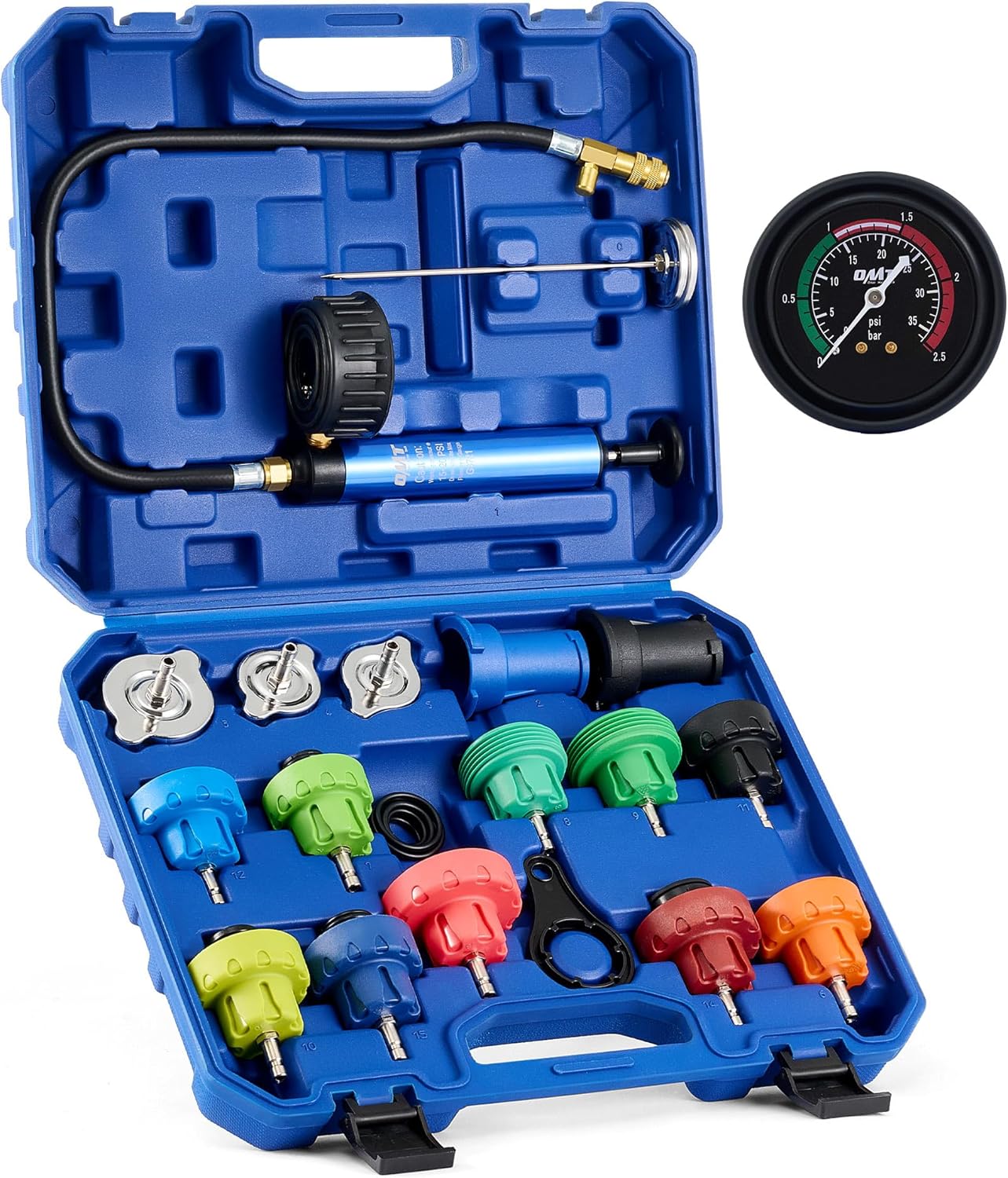 

Coolant Pressure Tester Kit, 19pc with 15 Adapters & Wrench, Vacuum Pump & Probe Thermometer синій