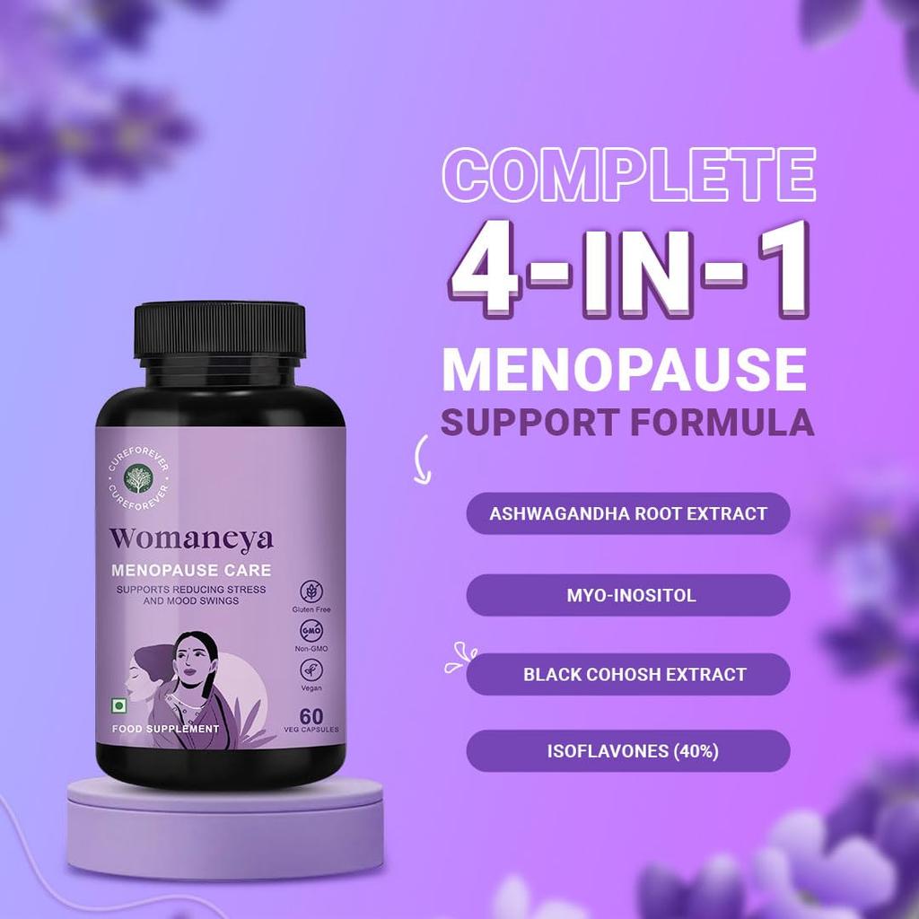 CUREFOREVER Womaneya Menopause Supplements for Women | Hormonal Balance, Hot Flashes & Mood Support | With Ashwagandha, Myo-Inositol, Black Cohos
