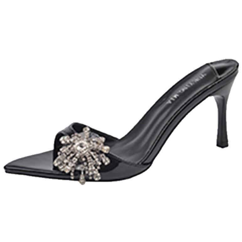 One-word open-toed pointed black new open-toed slippers rhinestone high heels slippers women's patent leather 2025 stiletto