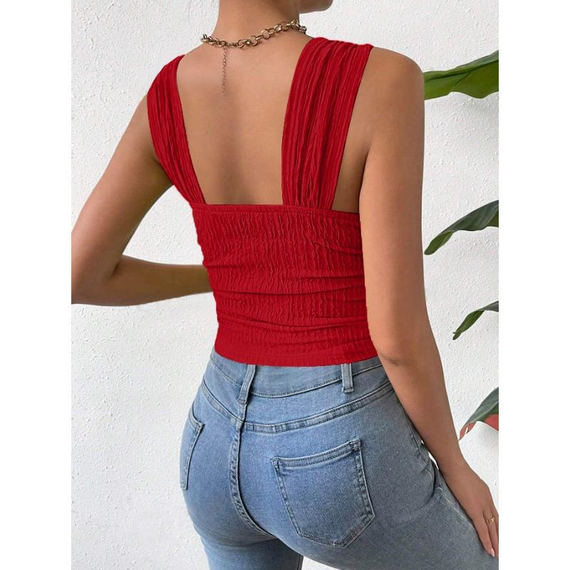 Women's Sleeveless Crop Top with Exposed Navel, Square Collar and Shoulder Strap Vest