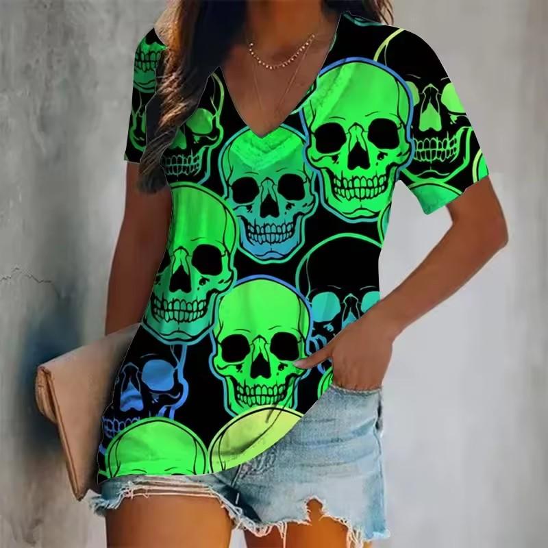 Women's Short-Sleeved T-Shirt V-Neck 3d Printed Skull Pattern Oversized Women's Top Y2K Style Summer Casual T-Shirt