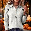 Women's Halloween Print Knit Long Sleeve Top with Lapel Collar